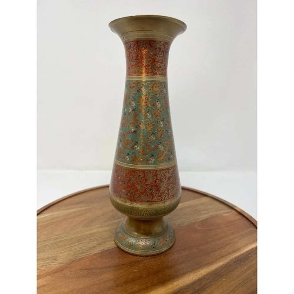 Vintage Brass Enamel Vase Red Teal‎ Floral Embossed Decorative Accent